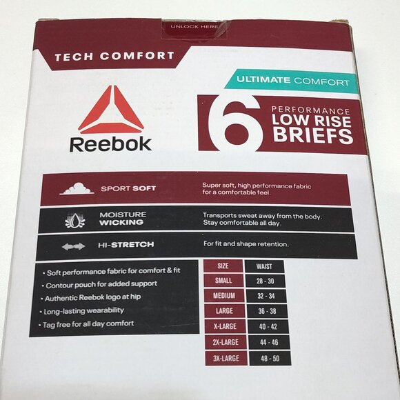 Reebok Performance Low Rise Briefs Men's XL 6-Pack Moisture Wicking Comfort NIB - Picture 3 of 6